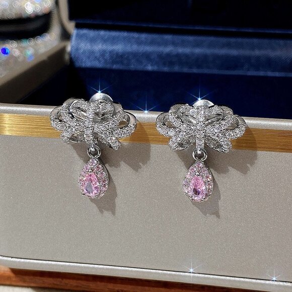 Diamond CZ Water Drop Crystal Fairy Bow Shape Earring for Women, HA4543 - Picture 3 of 6